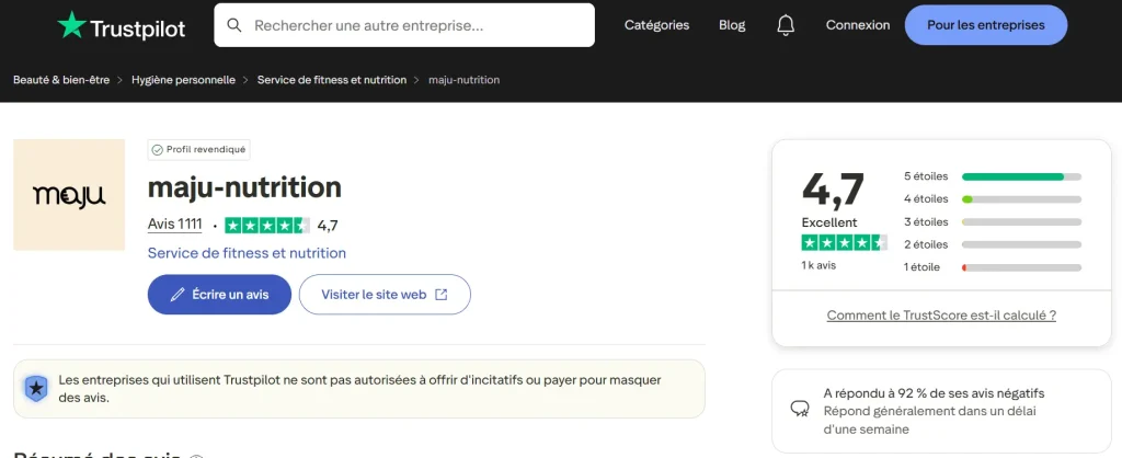 avis sur Maju Nutrition trustpilot
