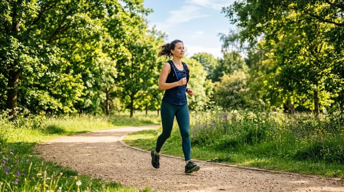 Une personne marche sur un chemin ensoleillé dans un parc, illustrant la conversion de 13000 pas en kilomètres.