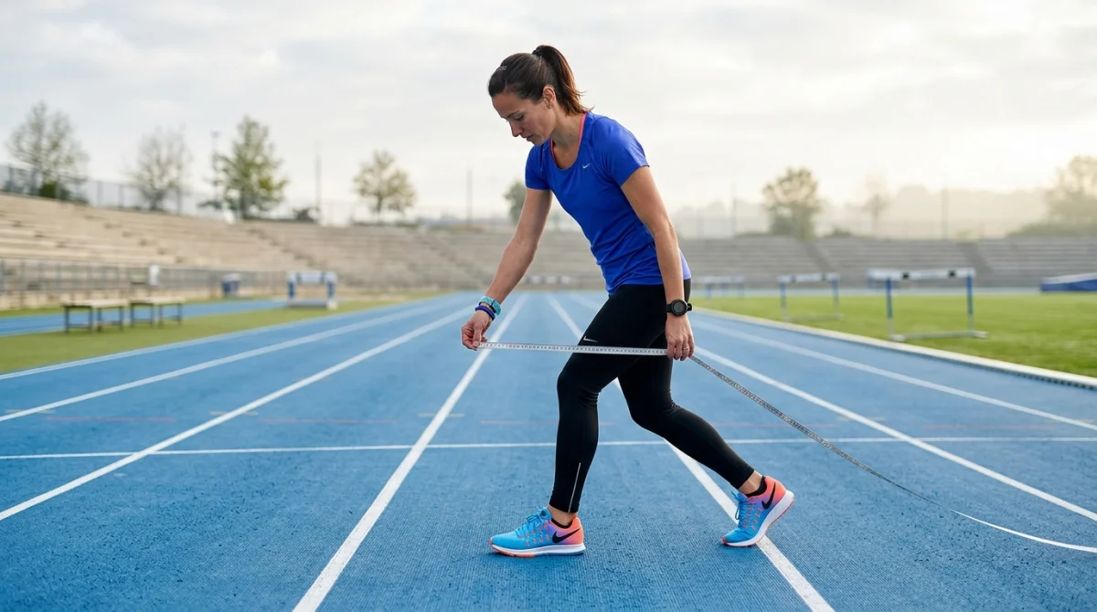 Femme mesurant sa foulée sur piste d'athlétisme pour convertir 13000 pas en km.