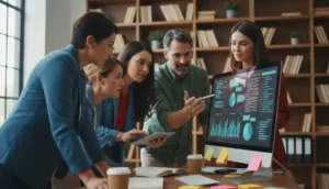 Groupe diversifié échangeant sur l'écran du forum ASBH, données et discussions.