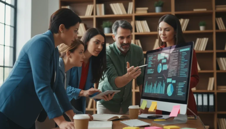 Groupe diversifié échangeant sur l'écran du forum ASBH, données et discussions.