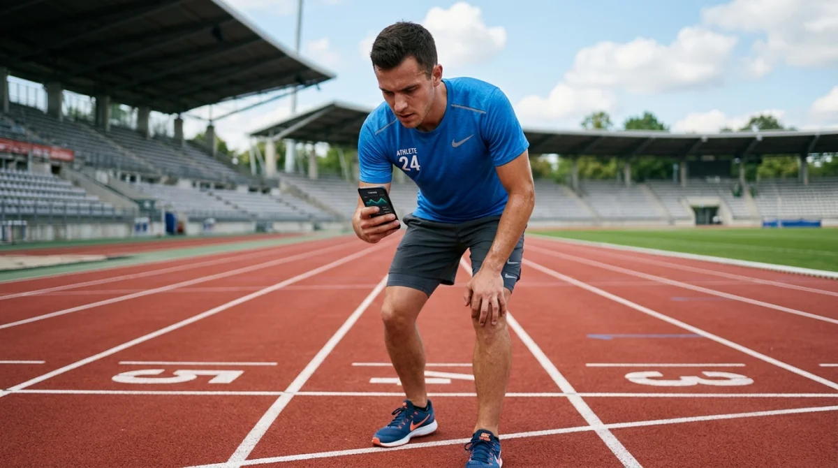 Athlète utilisant le site sportrip sur smartphone pour suivre ses performances sur piste d'athlétisme.