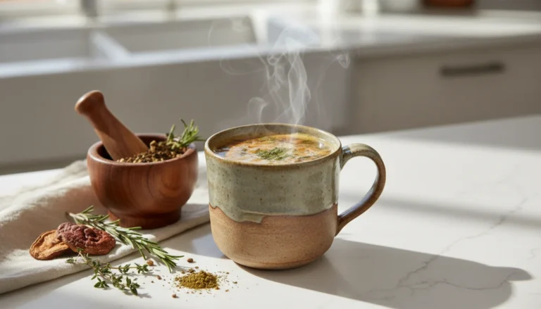 Tasse fumante de Bonjour Drink, boisson aux champignons, ambiance cuisine naturelle et bien-être.