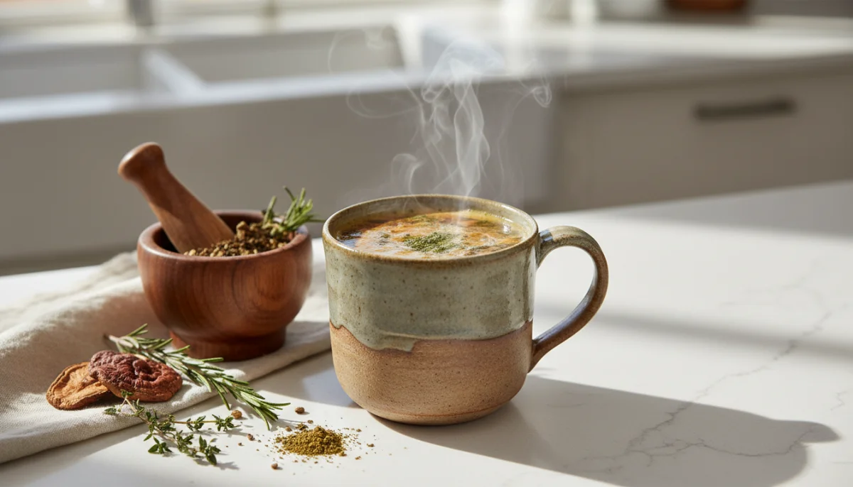 Tasse fumante de Bonjour Drink, boisson aux champignons, ambiance cuisine naturelle et bien-être.