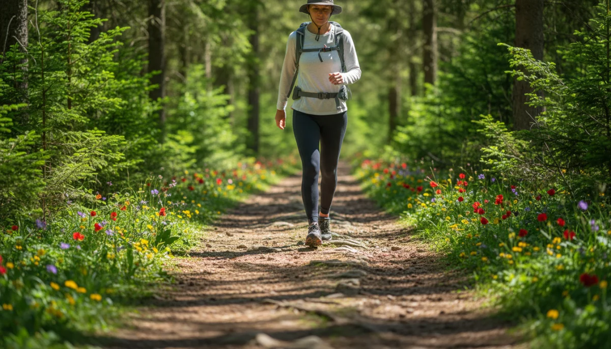 Personne marchant sur un sentier ensoleillé en forêt, calcul de 3000 pas en km.