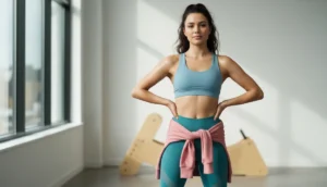 Jeune femme en tenue de sport moderne, posant confiante dans une salle de sport lumineuse.
