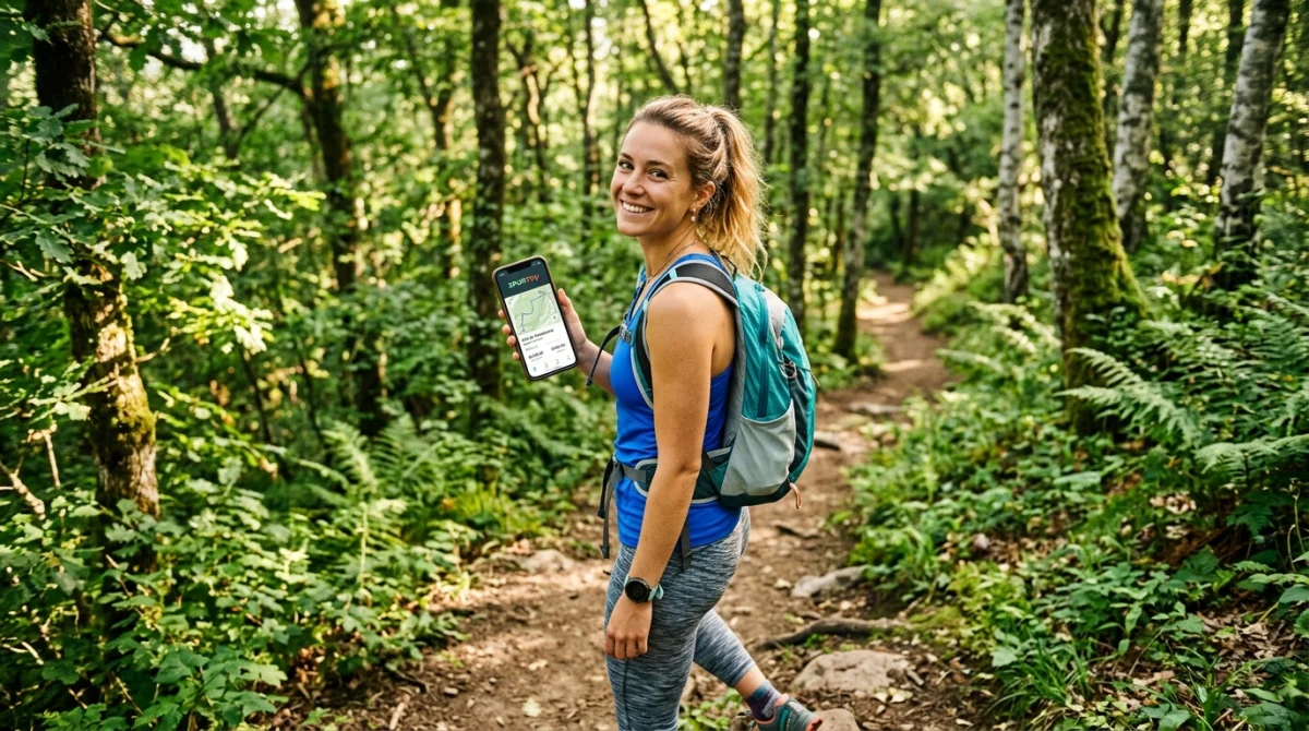 Jeune femme souriante dans une forêt tenant un téléphone avec l'application Sportrip.