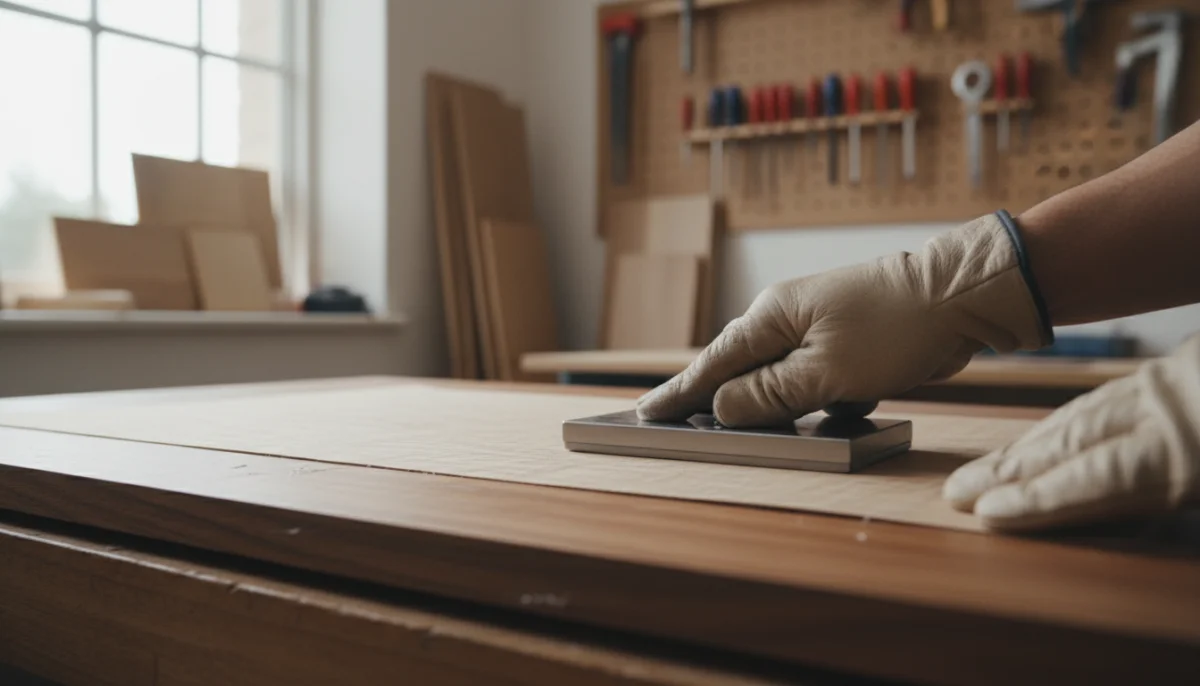 Main appliquant un placage bois avec outil de pressage, artisanat précis