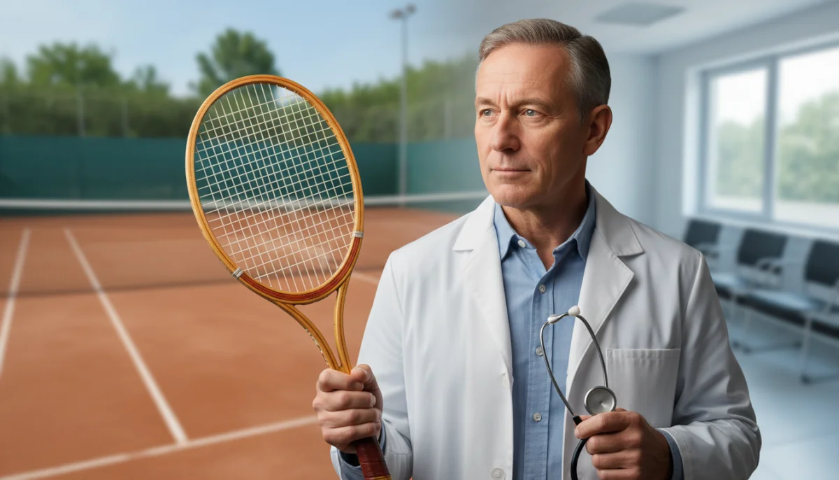 Leonard François, médecin et joueur de tennis, jonglant entre stéthoscope et raquette.