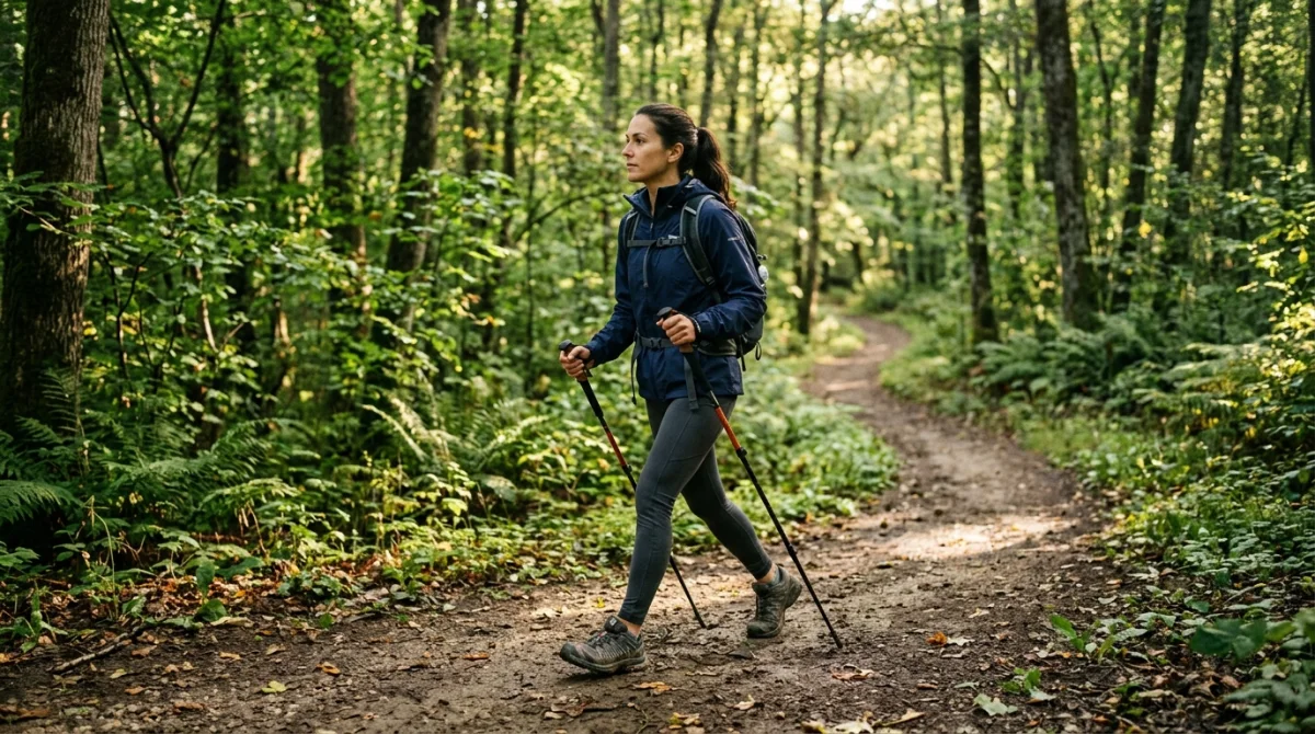 Personne marchant sur un sentier forestier, calculant 13000 pas en km.