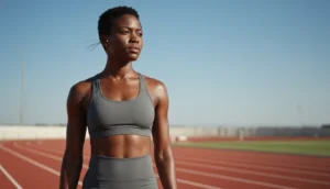 Maryse Éwanjé-Épée, athlète en tenue de sport sur piste d'athlétisme.