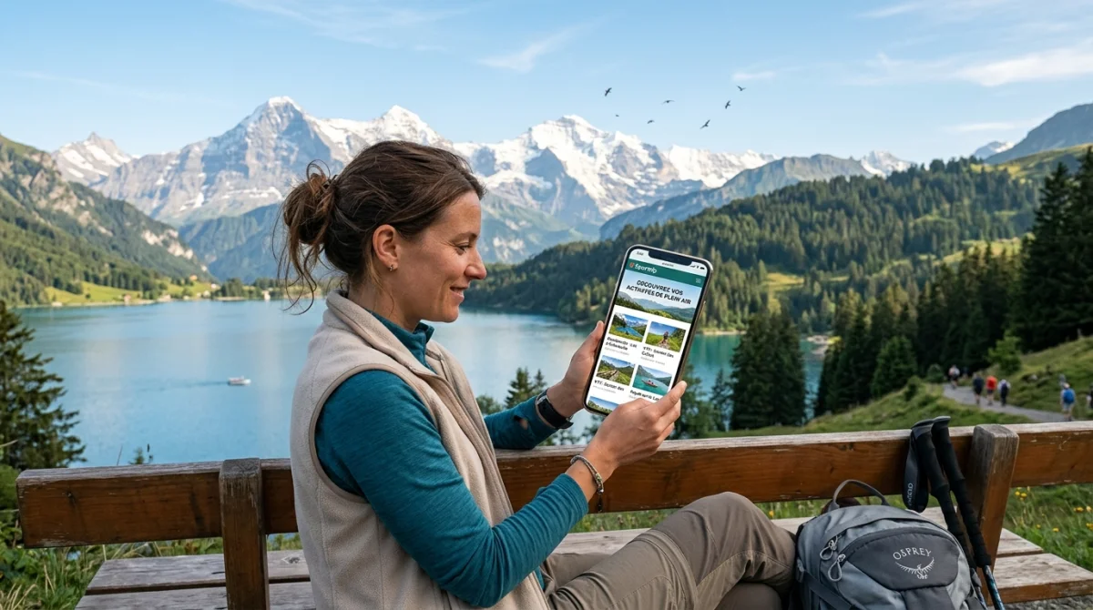 Personne consultant le site Sportrip sur mobile, activités plein air, paysage montagneux