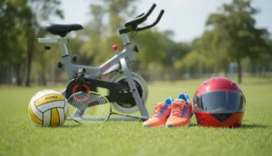 Équipements de sport en O : water-polo, badminton, course, vélo, moto.