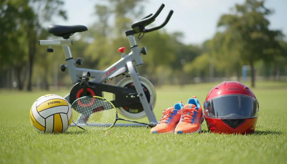 Équipements de sport en O : water-polo, badminton, course, vélo, moto.