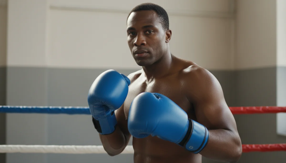 Terrell Williams, boxeur afro-américain athlétique, gants bleus, sur un ring de boxe.