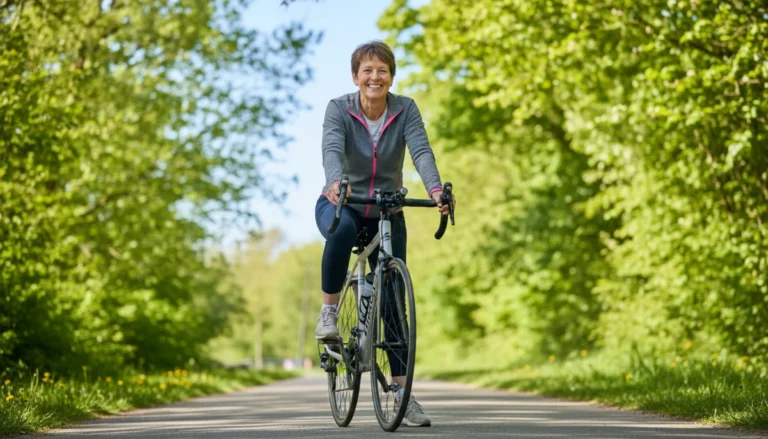 Cycliste souriant sur vélo de route moderne dans un parc verdoyant et ensoleillé