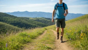 Personne marchant sur un sentier, illustration de 15000 pas en km.