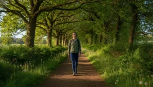Personne marchant sur un sentier de campagne pittoresque, calculant 17000 pas en km.