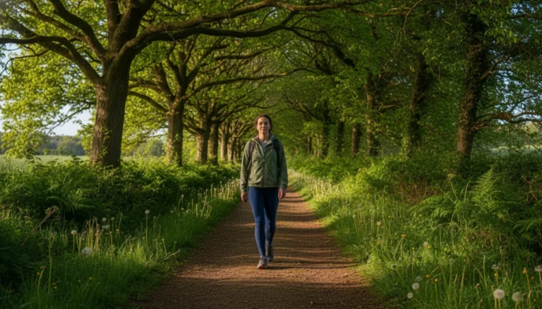 Personne marchant sur un sentier de campagne pittoresque, calculant 17000 pas en km.