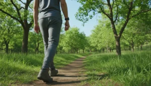 Personne marchant sur un sentier avec un compteur de pas affichant 20000 pas.