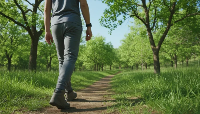 Personne marchant sur un sentier avec un compteur de pas affichant 20000 pas.