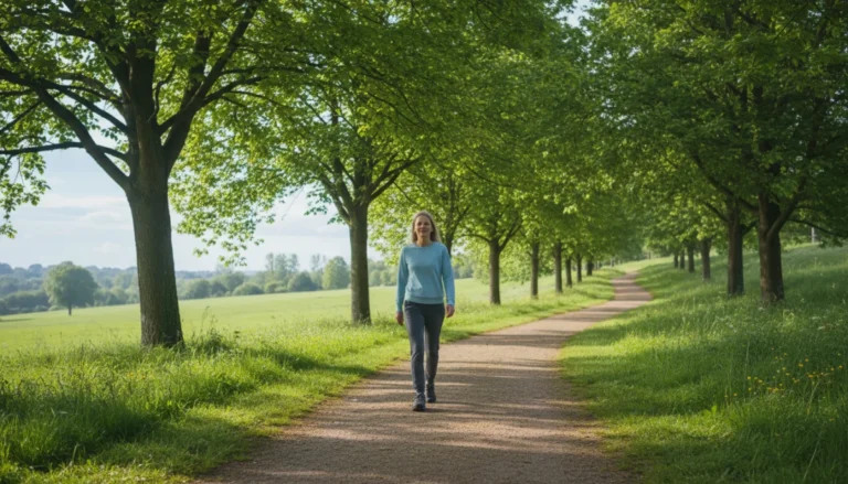 Personne marchant sur un sentier de parc verdoyant, représentant 8000 pas en km.