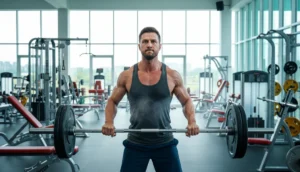 Athlète concentré soulevant une barre d'haltères lourde dans une salle de sport moderne, avis Biaxol.
