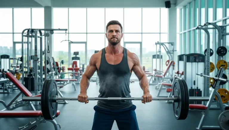Athlète concentré soulevant une barre d'haltères lourde dans une salle de sport moderne, avis Biaxol.