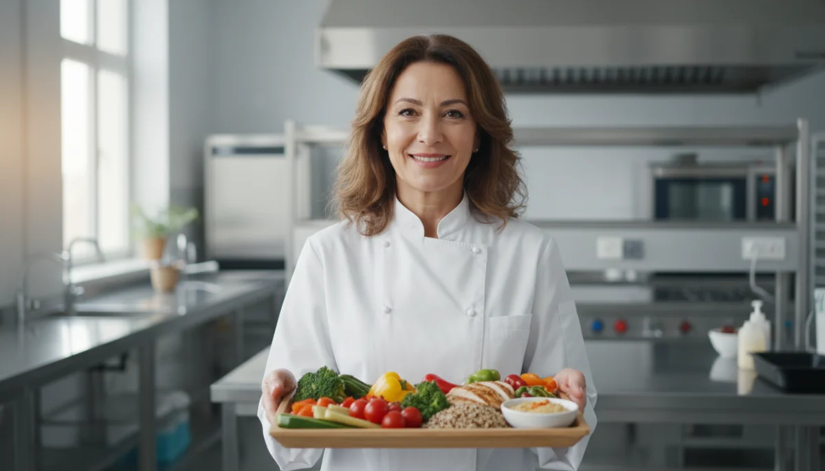 La brigade de Vero : cheffe souriante présentant un plateau repas sain et coloré dans un laboratoire de cuisine moderne.