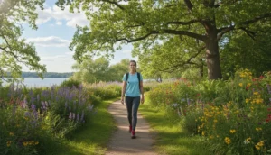 Personne marchant dans un parc verdoyant, calculant 5000 pas en km.