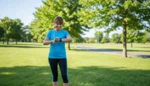 Femme souriante en tenue de sport vérifiant ses 14000 pas sur montre connectée dans un parc ensoleillé.