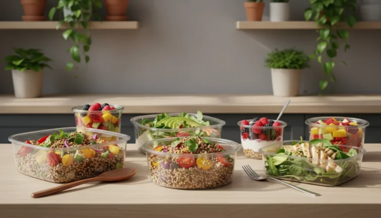 Assortiment de repas frais et colorés de Kitchendiet.fr dans une cuisine moderne.