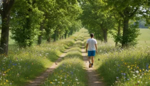 Personne marchant sur un sentier ensoleillé, calculant 16 000 pas en kilomètres.