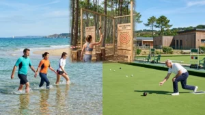 Groupe pratiquant le longe-côte, le lancer de hache et le lawn bowl dans un complexe sportif en bord mer.