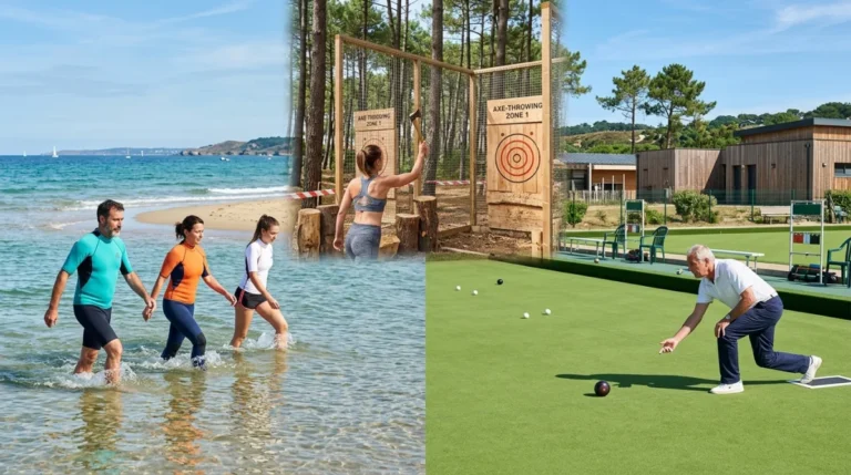 Groupe pratiquant le longe-côte, le lancer de hache et le lawn bowl dans un complexe sportif en bord mer.
