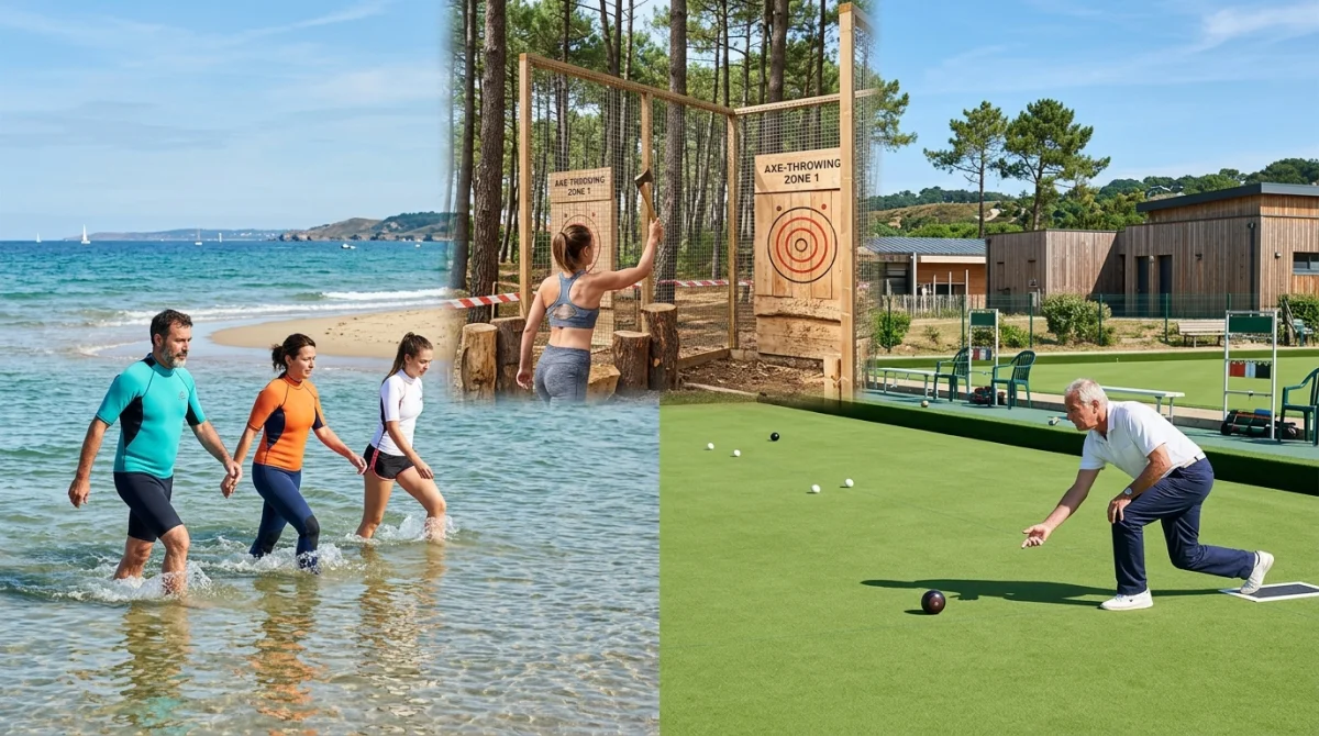 Groupe pratiquant le longe-côte, le lancer de hache et le lawn bowl dans un complexe sportif en bord mer.