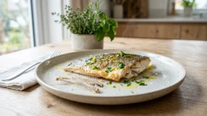 Filet de poisson cuit à la vapeur, un aliment riche en collagène présenté sur une assiette élégante.