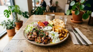 Assiette de kebab gourmande avec viande grillée, crudités, frites et sauce blanche sur une table en bois.