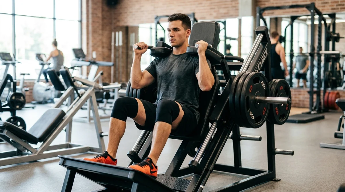 Athlète concentré effectuant un hack squat sur une machine professionnelle dans une salle de sport moderne.