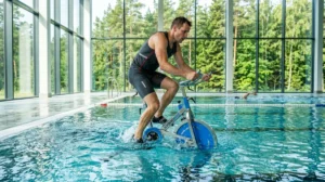 Athlète pratiquant le sport en aquabike dans une piscine lumineuse entourée d'une forêt verdoyante.