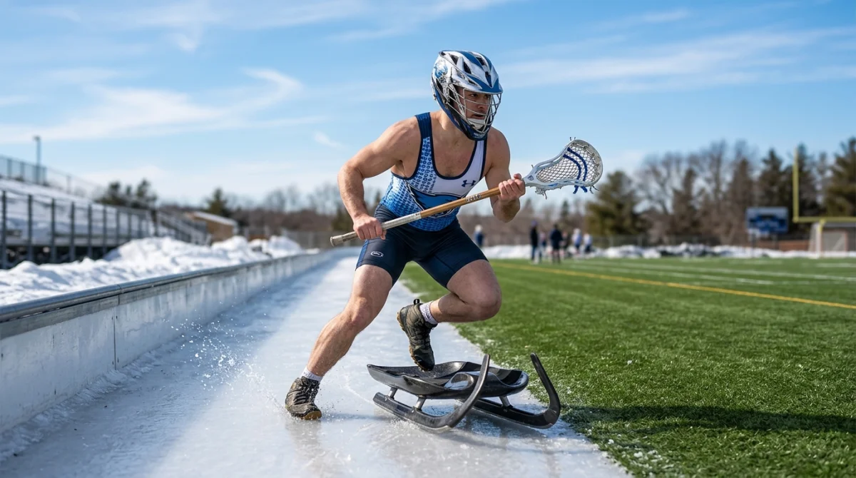 Athlète dynamique pratiquant la lutte, la luge et le lacrosse sur un terrain mixte glace et herbe.