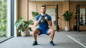 Athlète en tenue bleue réalisant un goblet squat avec un haltère dans un studio de fitness moderne.