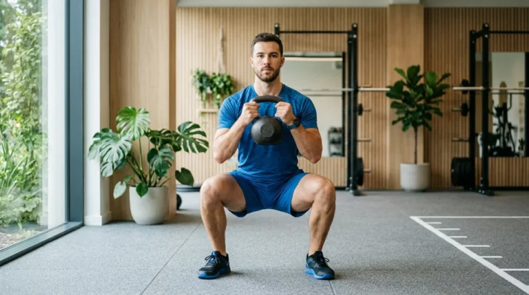 Athlète en tenue bleue réalisant un goblet squat avec un haltère dans un studio de fitness moderne.