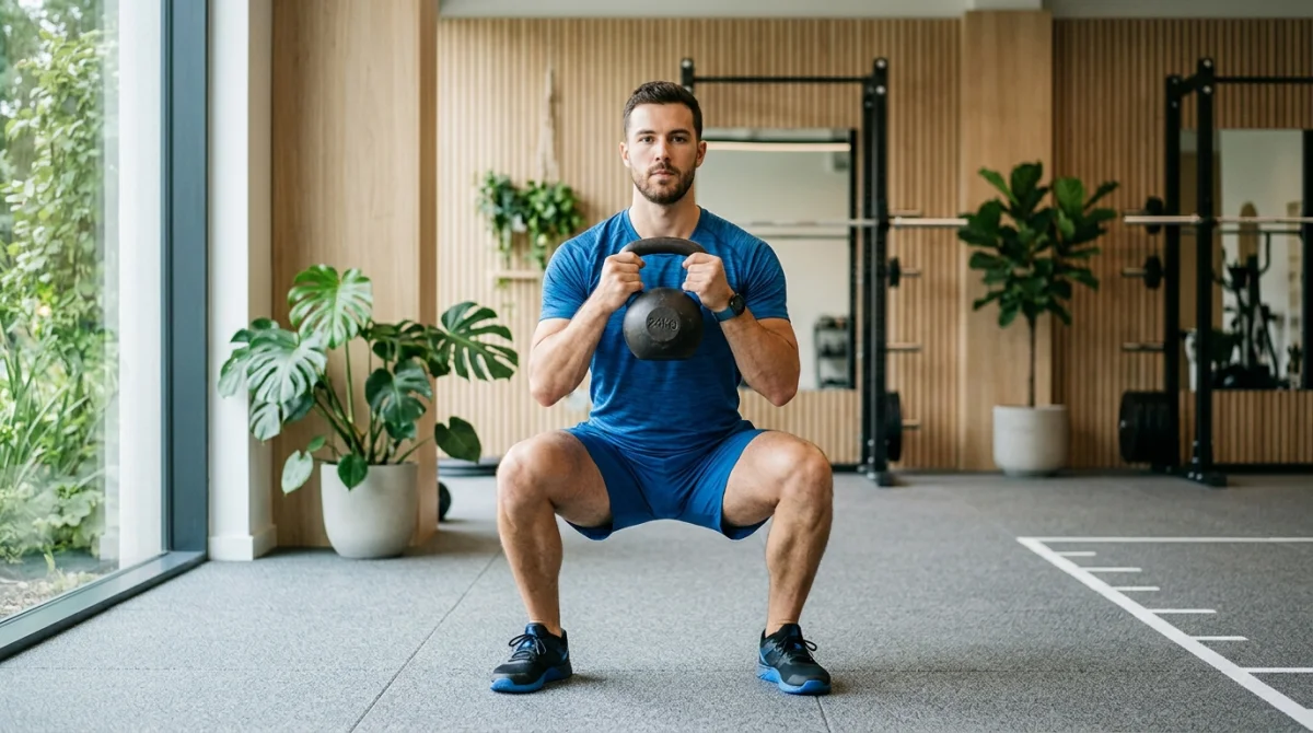 Athlète en tenue bleue réalisant un goblet squat avec un haltère dans un studio de fitness moderne.