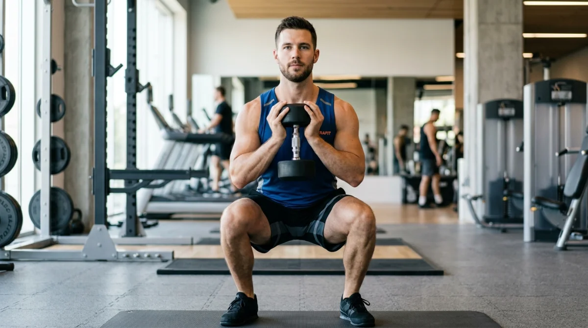 Athlète réalisant un goblet squat avec un haltère tenu contre la poitrine dans une salle de sport moderne.