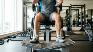 Athlète effectuant un hack squat dans une salle de sport, focus sur le placement précis des pieds.