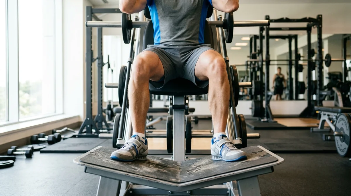 Athlète effectuant un hack squat dans une salle de sport, focus sur le placement précis des pieds.