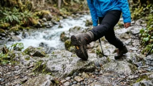 Randonneur testant la stabilité de ses chaussures sur un sentier rocheux humide pour notre avis Feral Walk Light.