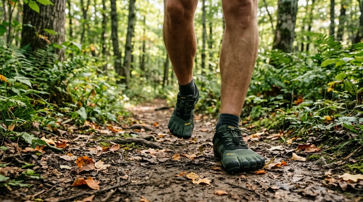 Pieds portant des chaussures minimalistes Feral Walk Light sur un sentier forestier pour une marche naturelle.