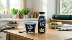 Pot de yaourt et boisson protéinée HiPRO sur une table en bois pour illustrer notre avis complet.